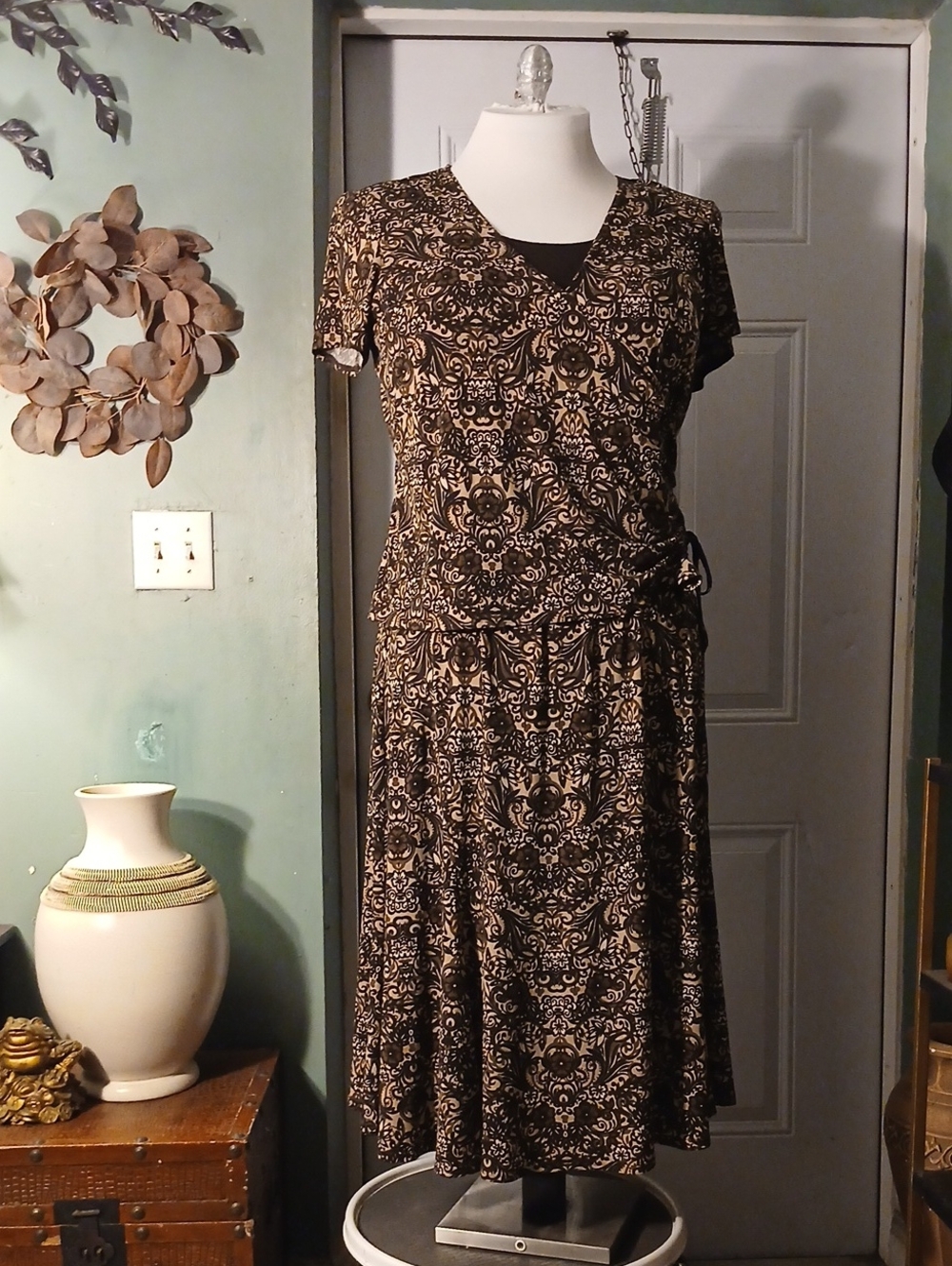Studio I Black and Tan Short-Sleeve Patterned Wrap Dress